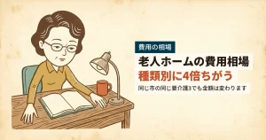 老人ホームの費用相場を種類別に書き出して比べる女性のイラスト