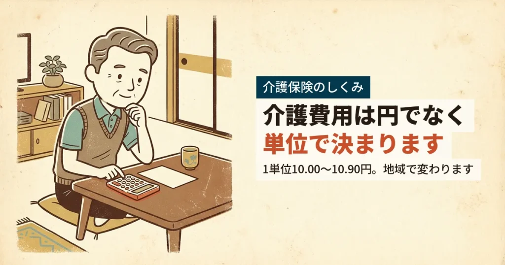 介護費用が単位で決まるしくみを電卓で計算する男性のイラスト