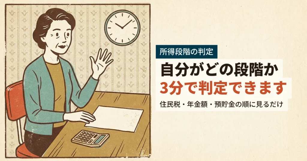 負担限度額の所得段階を自分で判定する女性のイラスト