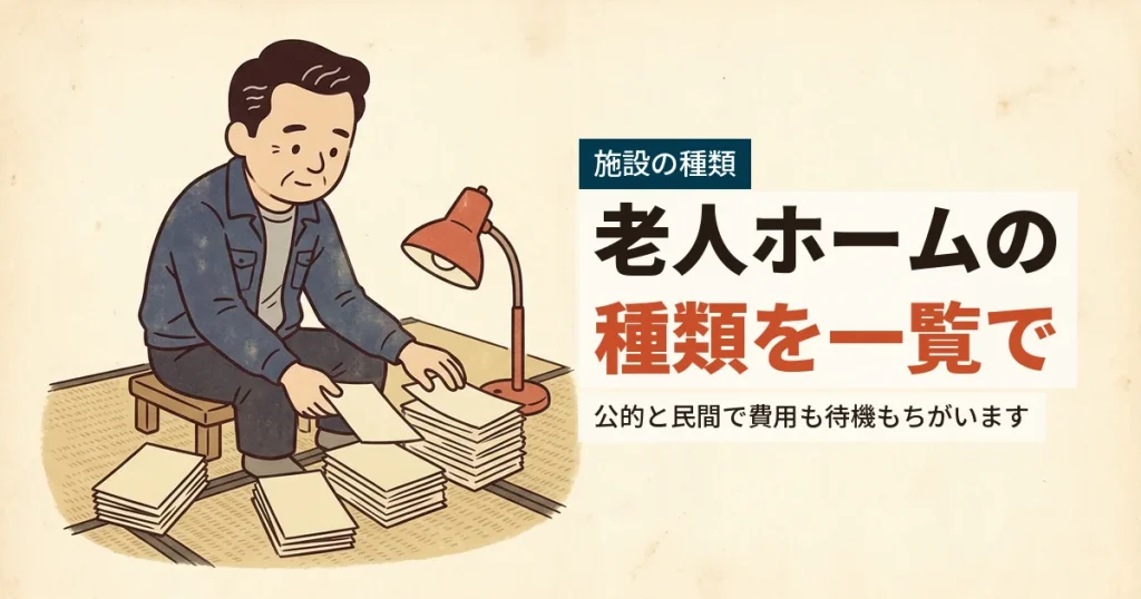 老人ホームの種類ごとの資料を並べて見比べる男性のイラスト