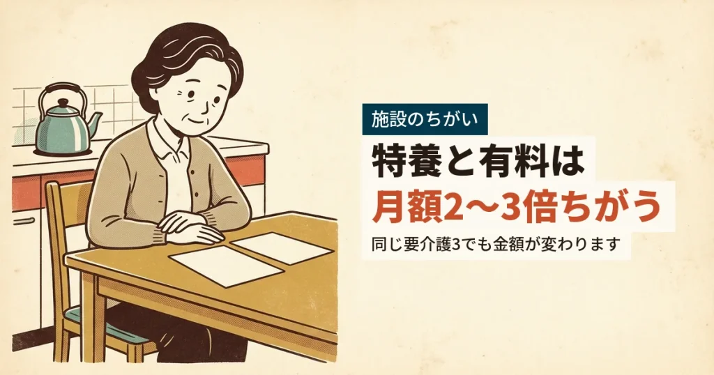 特養と有料老人ホームの月額のちがいを調べる女性のイラスト