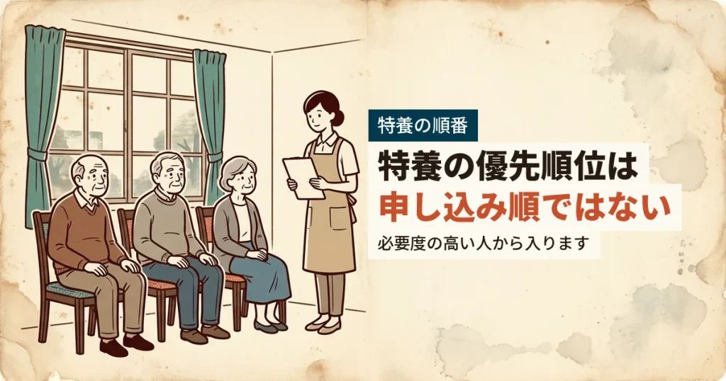 特養の順番を待つ高齢者と職員のイラスト